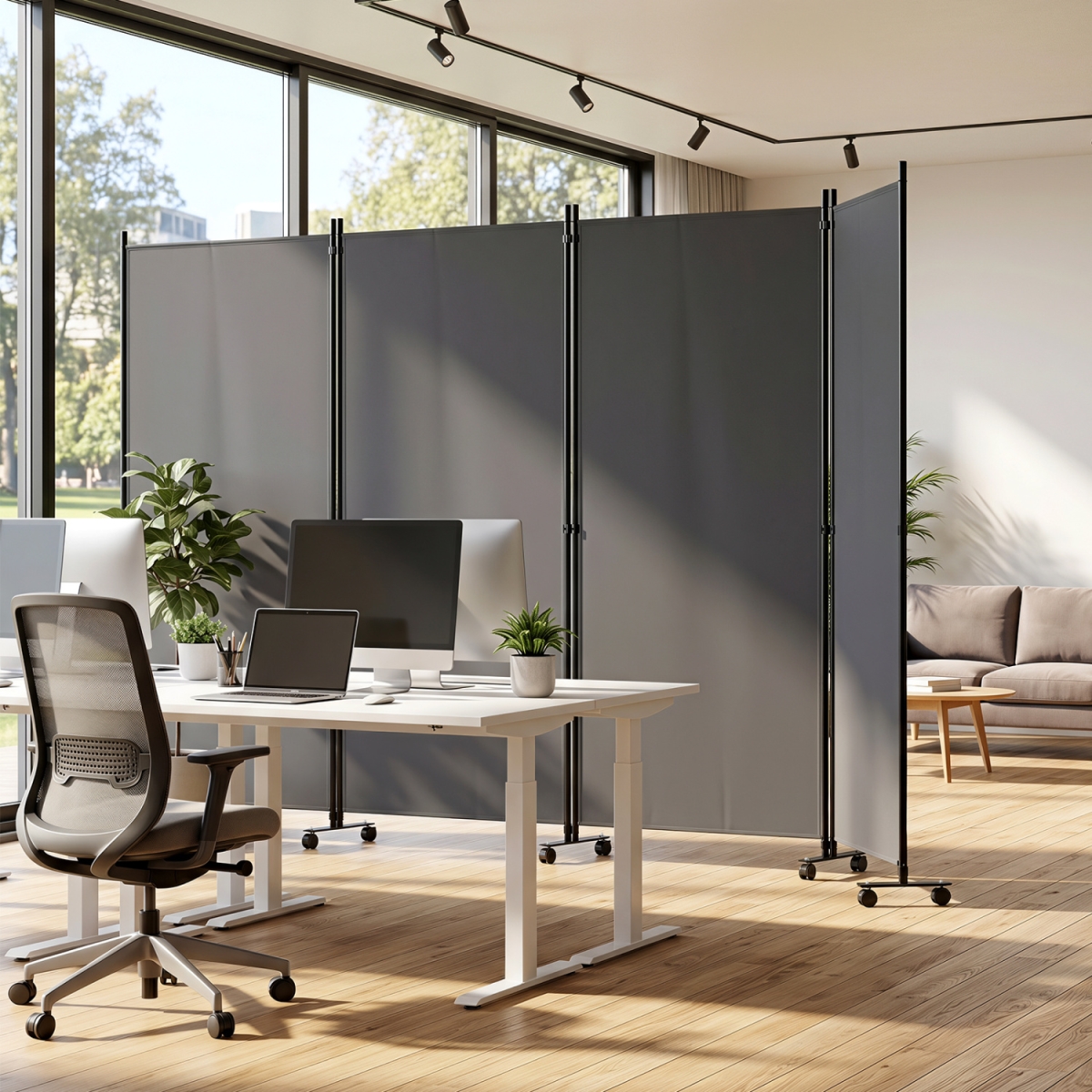 JV14584GR 4 Panel Folding Privacy Screen Room Divider with Wheels - Gray