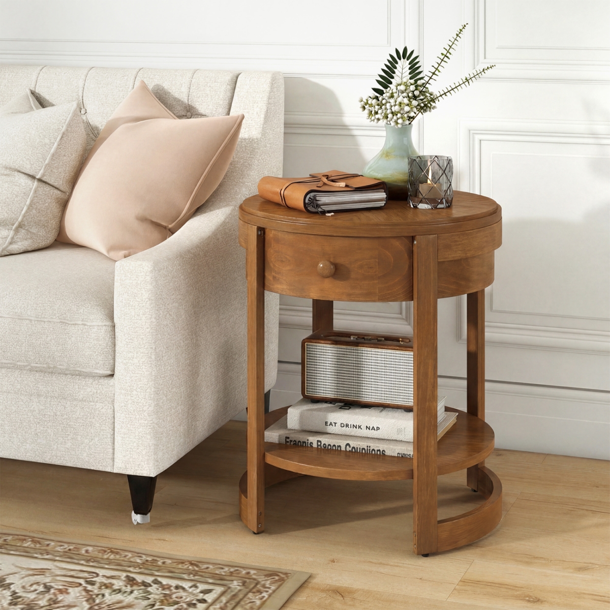 JV14612OK 2-Tier Round End Table Mid Century Modern Nightstand - Oak