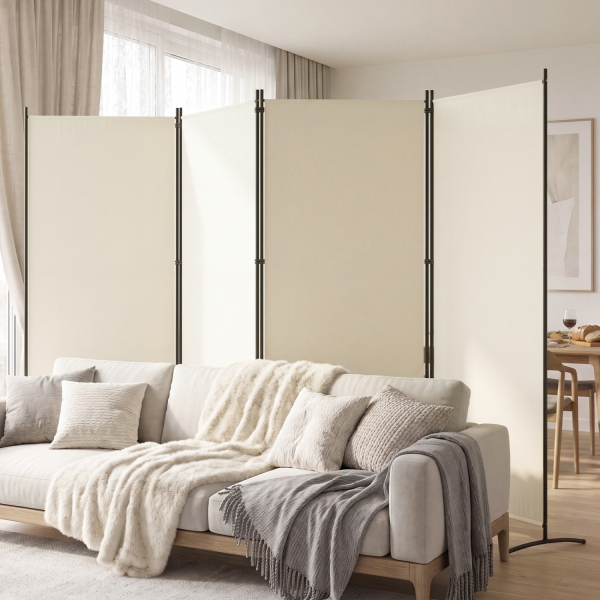JV14808WH 4 Panel Room Divider 6 ft. Tall Folding Privacy Screen with Curved Metal Feet - White