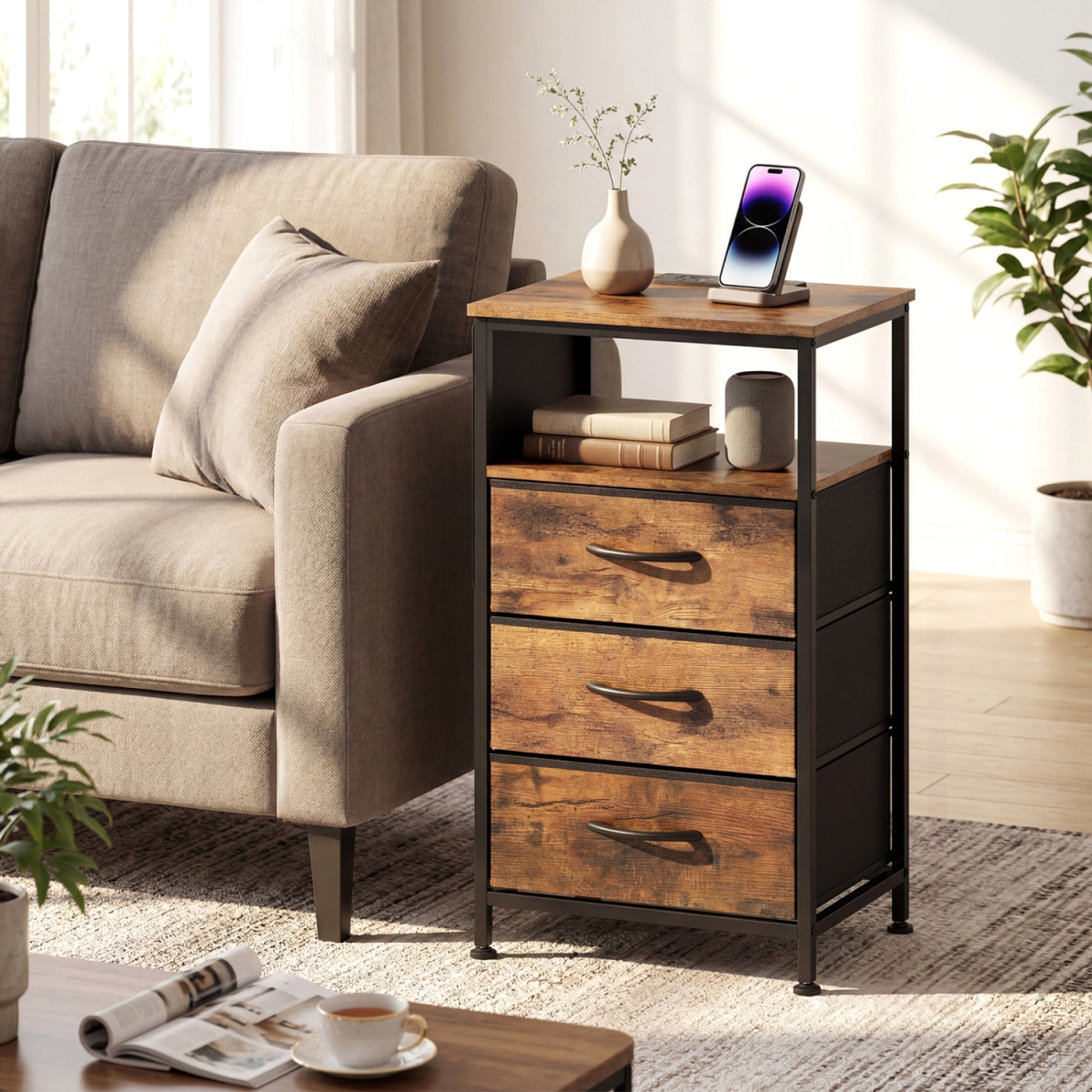 JZ10405US-CF Nightstand with Charging Station 27.5 in. Modern Bedside Table with 3 Fabric Drawers - Rustic Brown