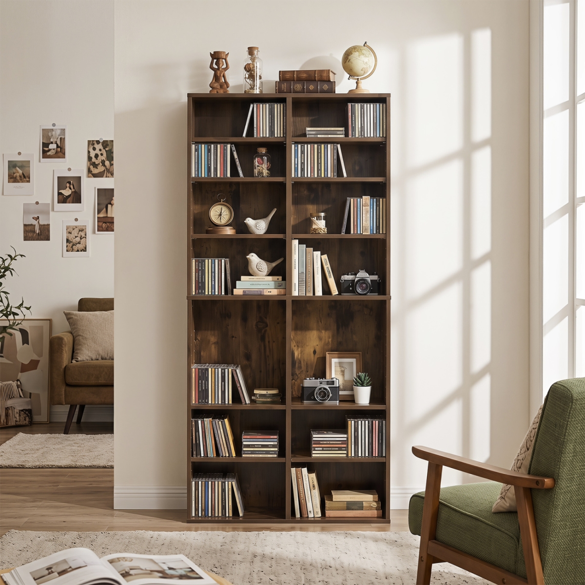 JZ10521CF 16 Compartment CD Storage Unit 54 in. Freestanding Open Display Shelf with 12 Removable Shelves - Brown