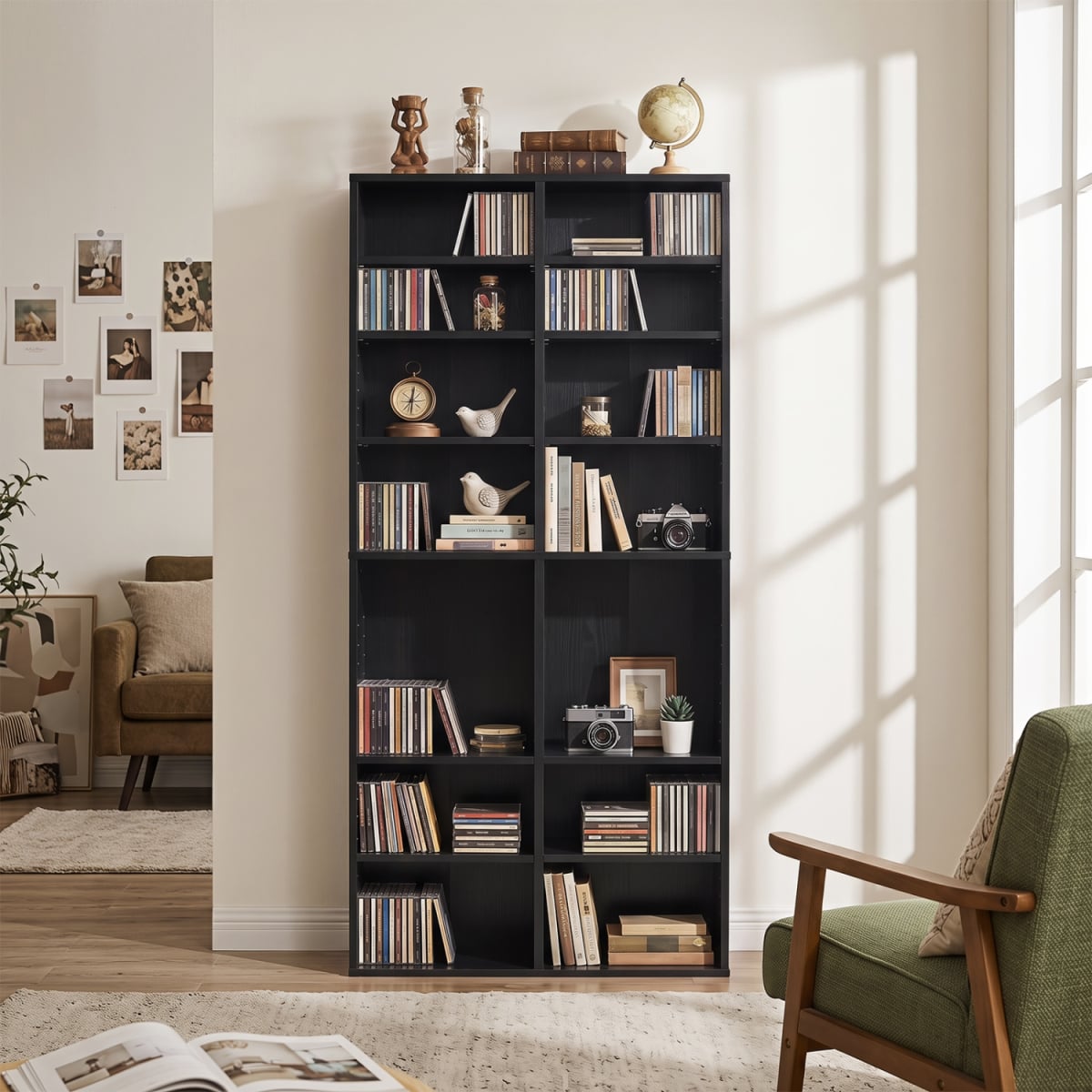 JZ10521DK 16 Compartment CD Storage Unit 54 in. Freestanding Open Display Shelf with 12 Removable Shelves - Black