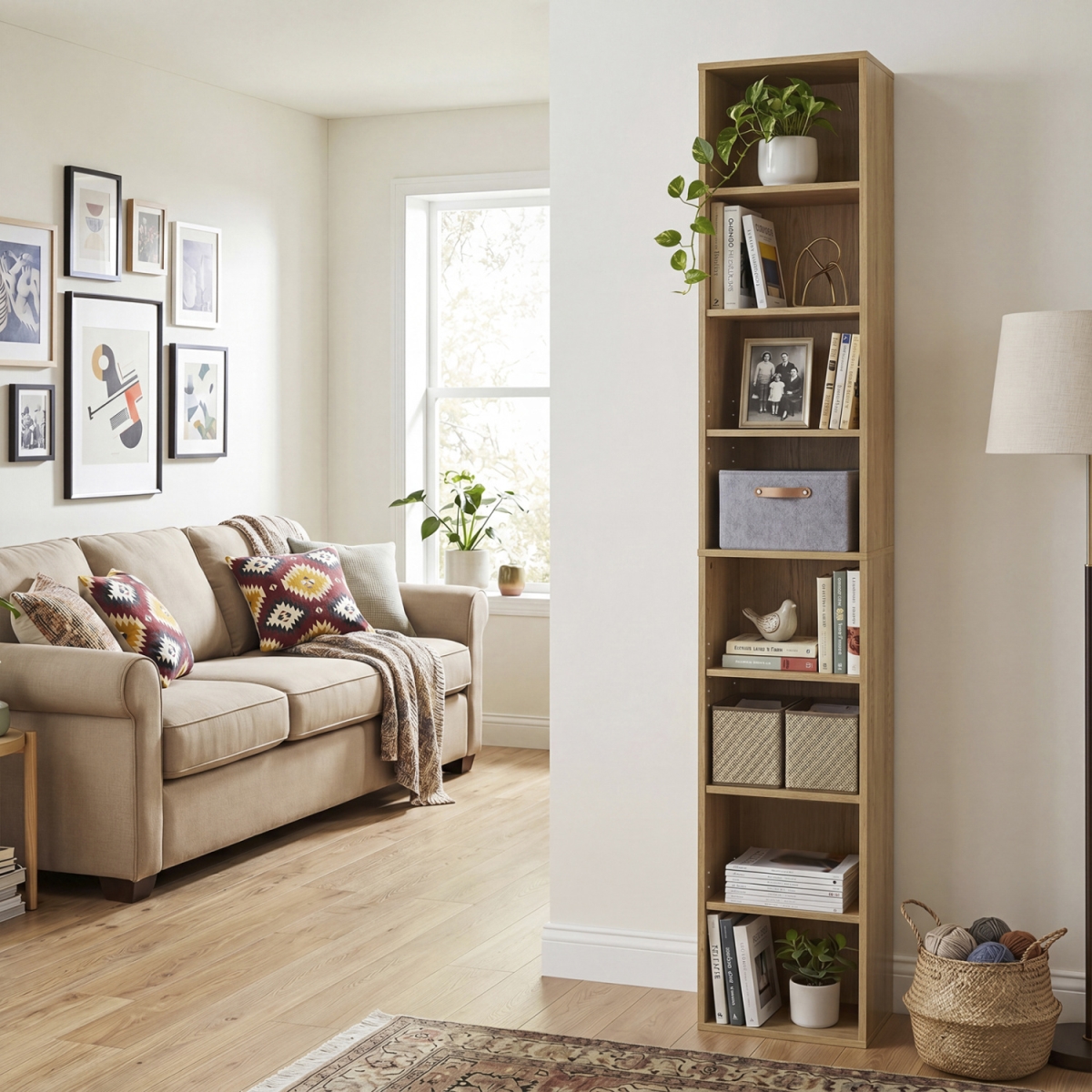JZ10522NA 8-Tier Narrow Bookshelf with 4 Adjustable Shelves & Storage Cubes - Natural