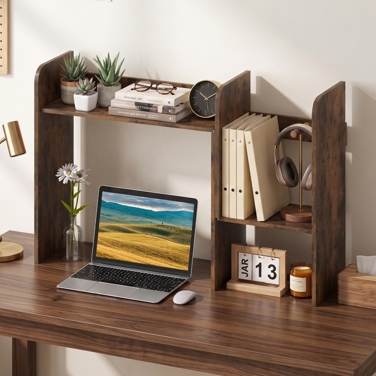 JZ10581TY-CF Expandable Desk Bookshelf with Open Cubes & Desktop Display Rack - Rustic Brown
