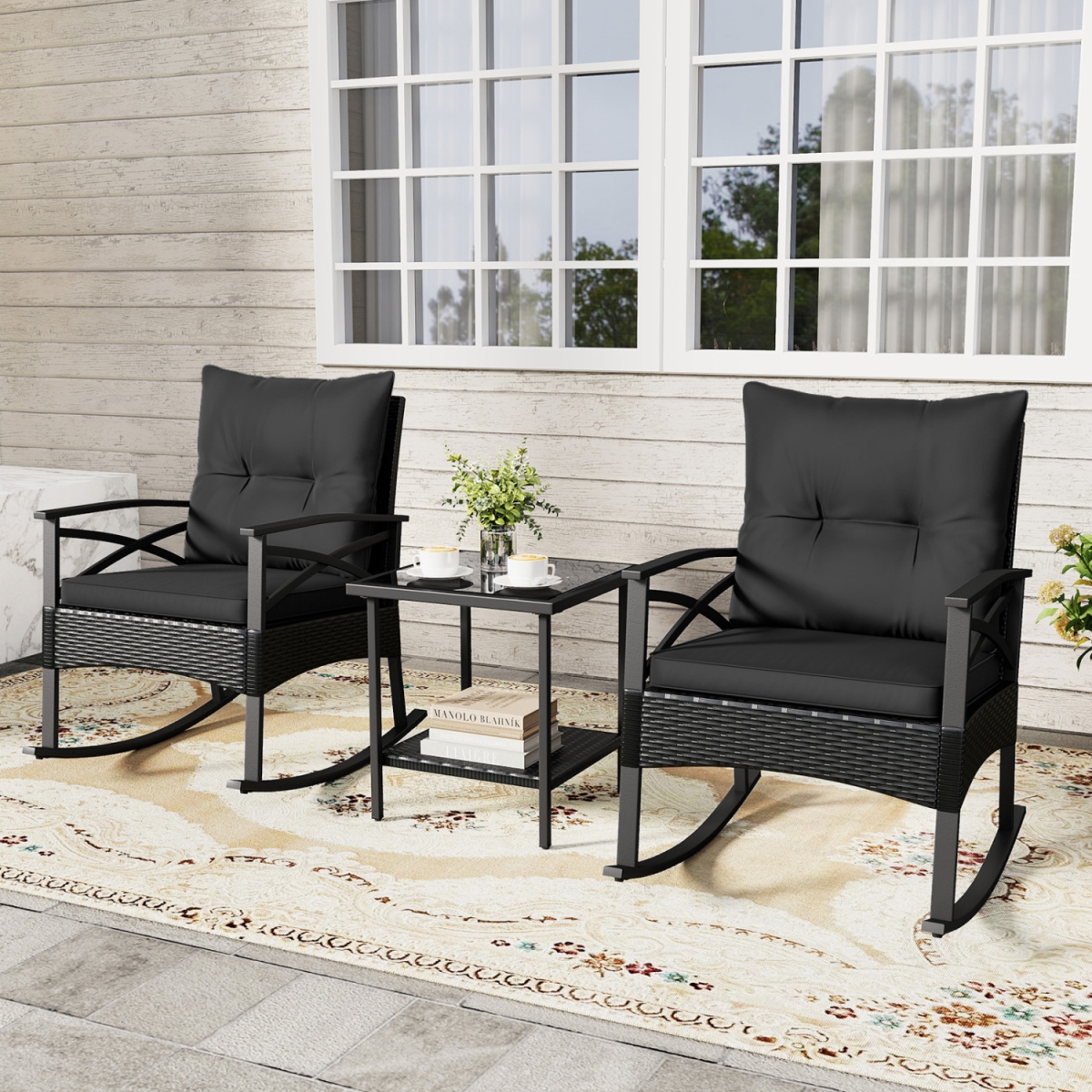 HW75505DK Outdoor Rattan Rocking Chairs Set with 2-Tier Side Table for Garden Backyard - Black - 3 Piece