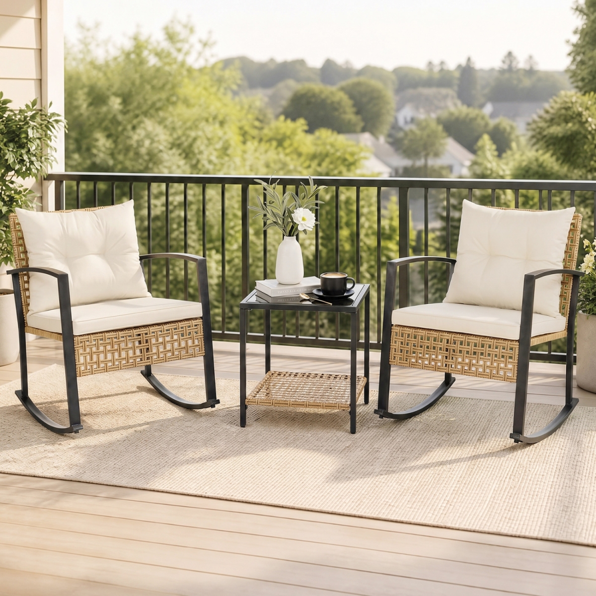 HW76008WH Rattan Wicker Patio Conversation Set for Porch Balcony Garden Backyard - White - 3 Piece