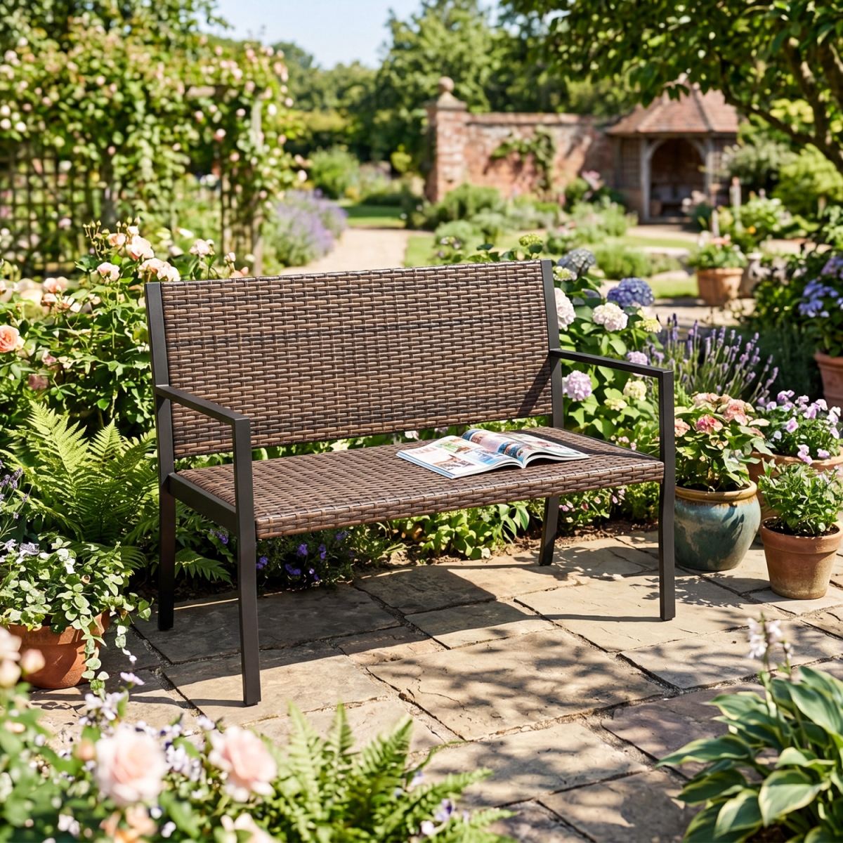HW76203BN Patio Sun-Proof Rattan Loveseat with Soft Sponge Seat - Brown