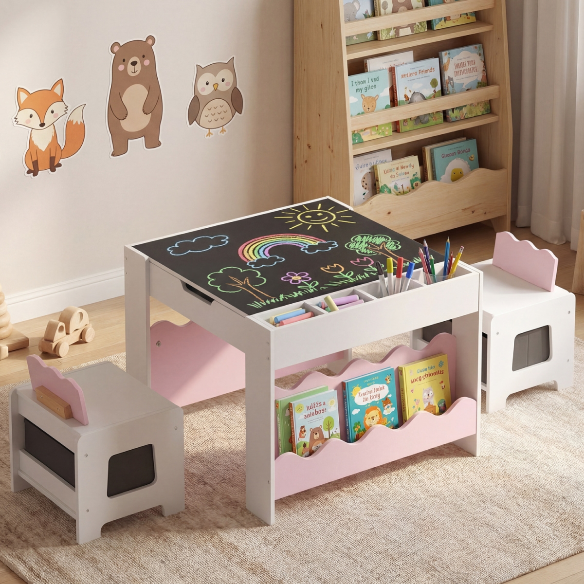 HY10547PI Multi-Purpose Activity Kids Table & Chairs Set with Double-Sided Tabletop - Pink