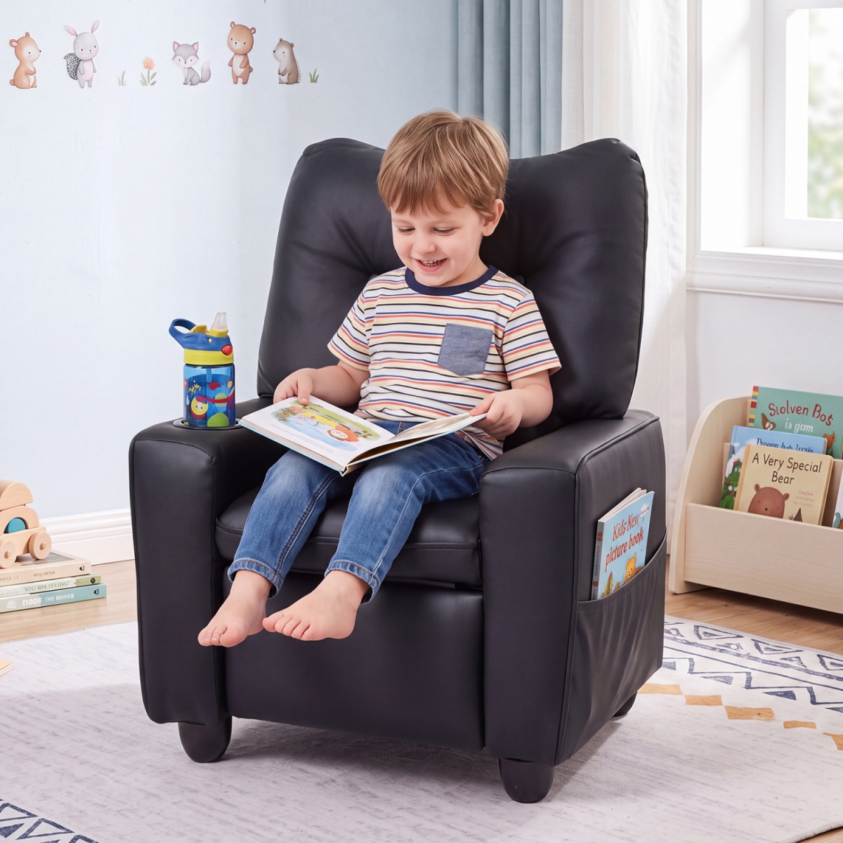 HY10548DK Kids Recliner with Cup Holder Armrests & Adjustable Backrest for Playroom - Black