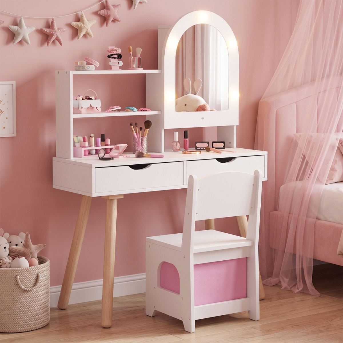 HY10663WH Kids Vanity Set Pretend Play Dressing Table Set with 3-Color Lighting Modes & Mirror Cabinet - White