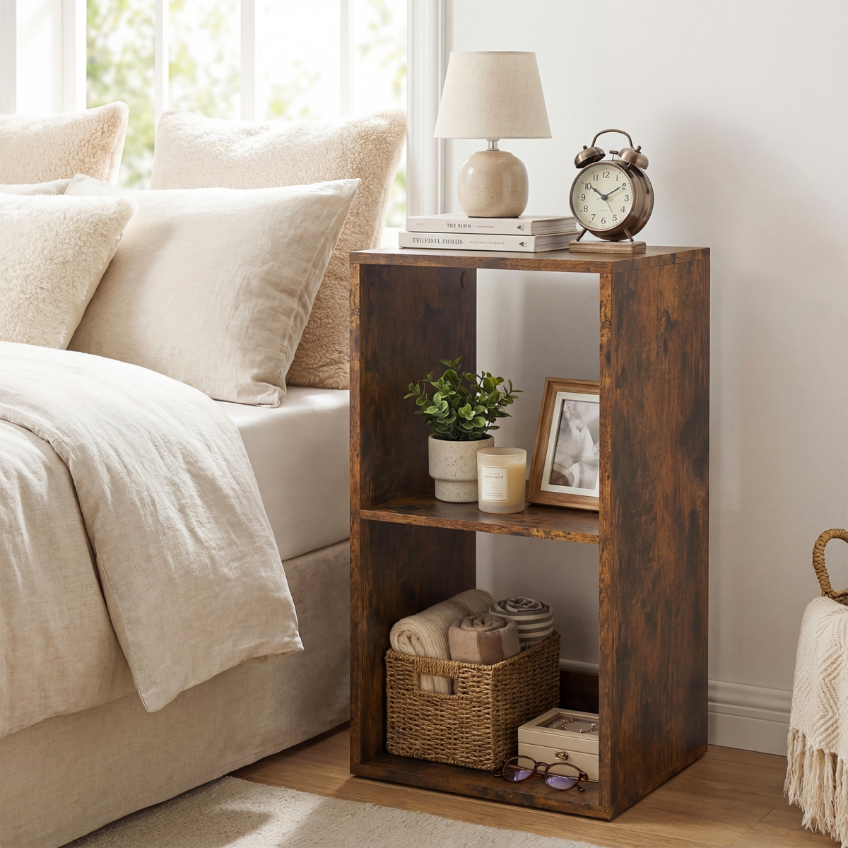 CB10748CF 2 Cube Bookshelf with Back Guardrail for Living Room Bedroom - Rustic Brown