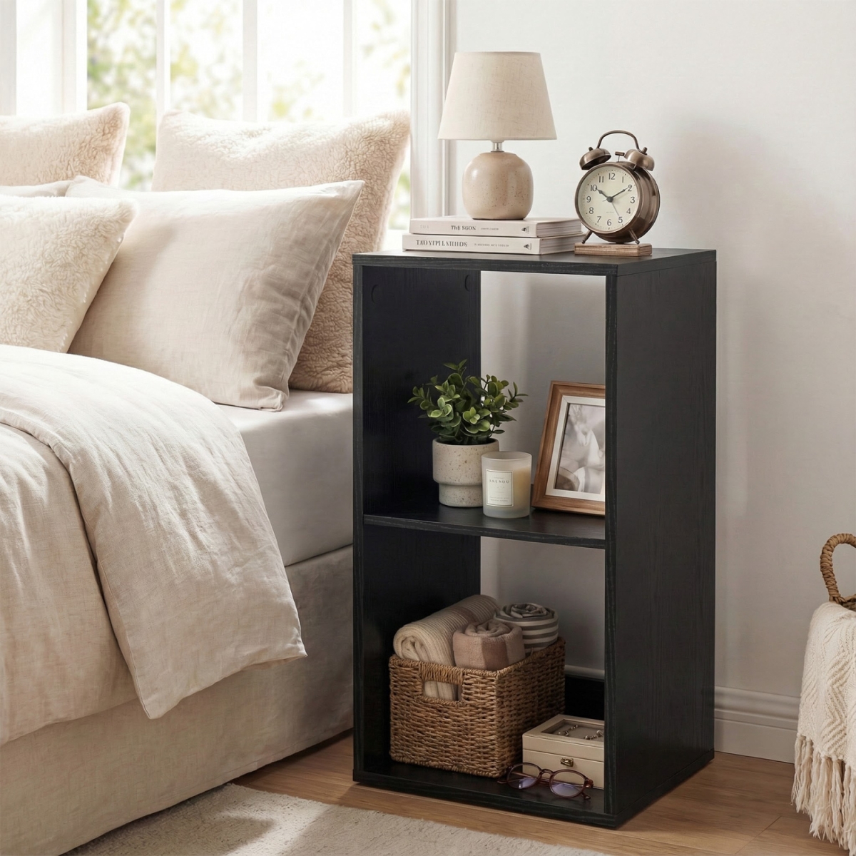 CB10748DK 2 Cube Bookshelf with Back Guardrail for Living Room Bedroom - Black