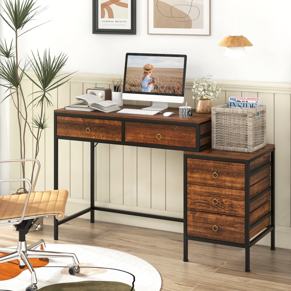 CB10659CF Computer Desk with 5 Drawers Home Office Desk with Side File Cabinet - Rustic Brown