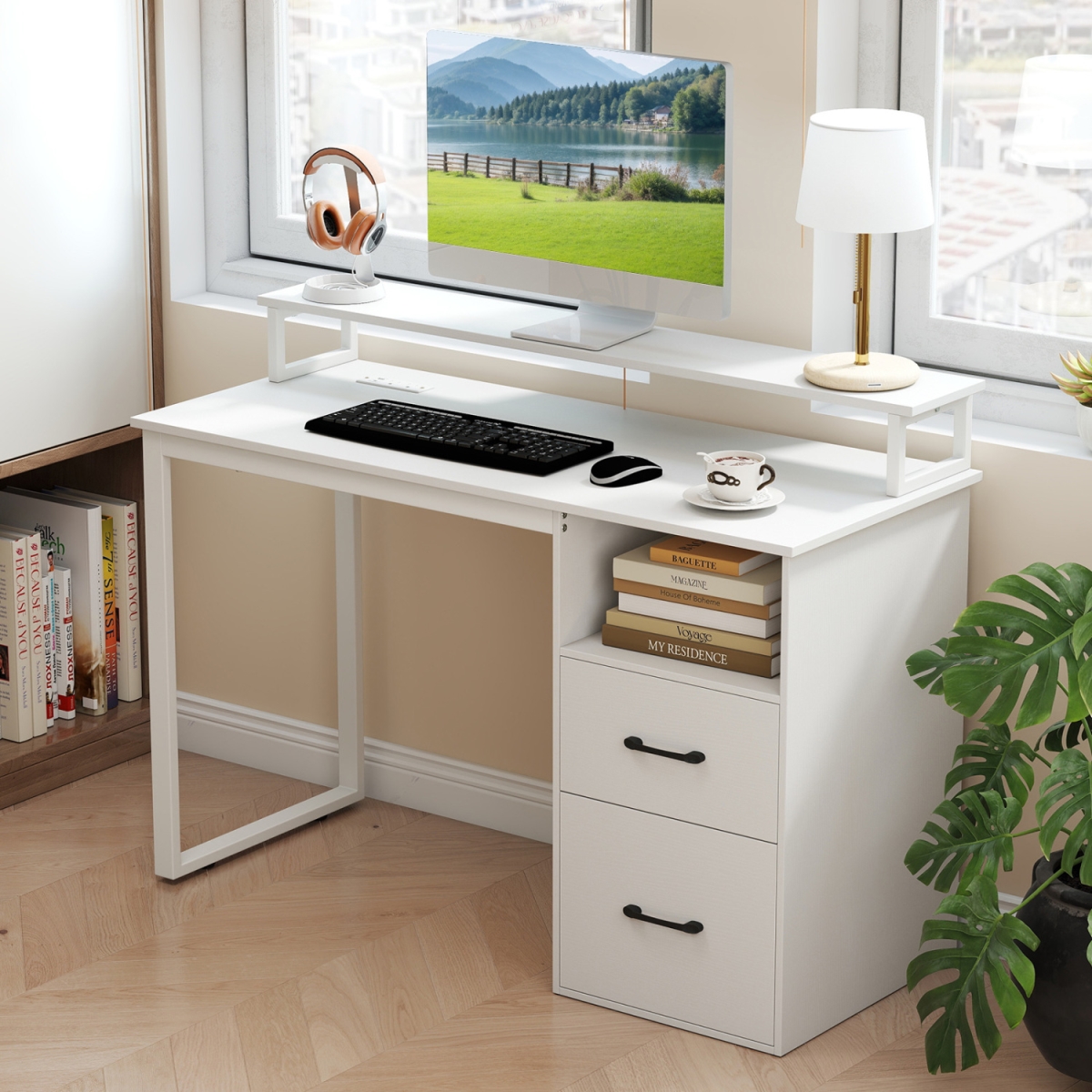 CB11055US-WH Modern Computer Desk with Power Outlets & File Drawer - White