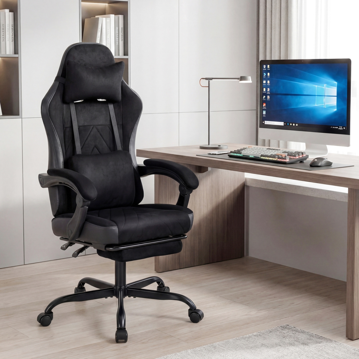 CB11071BK Gaming Chair Height Adjustable Computer Chair with Headrest Lumbar Support Linkage Armrests - Black