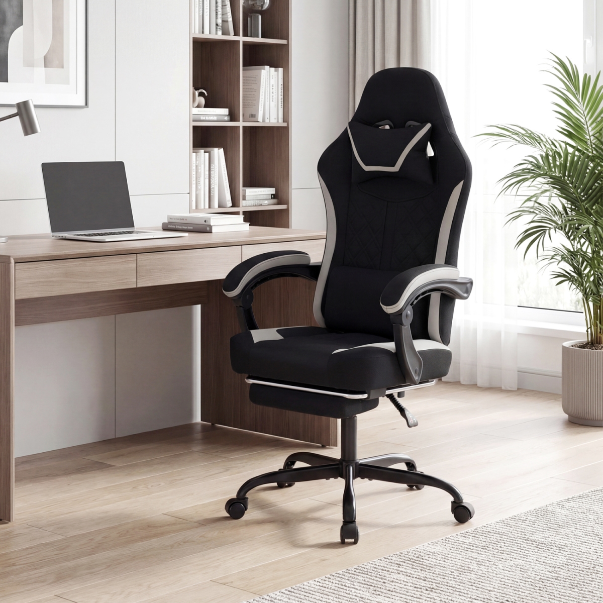 CB11072BK Gaming Chair Height Adjustable Computer Chair with Headrest Footrest & 360 Deg Swivel Seat - Black
