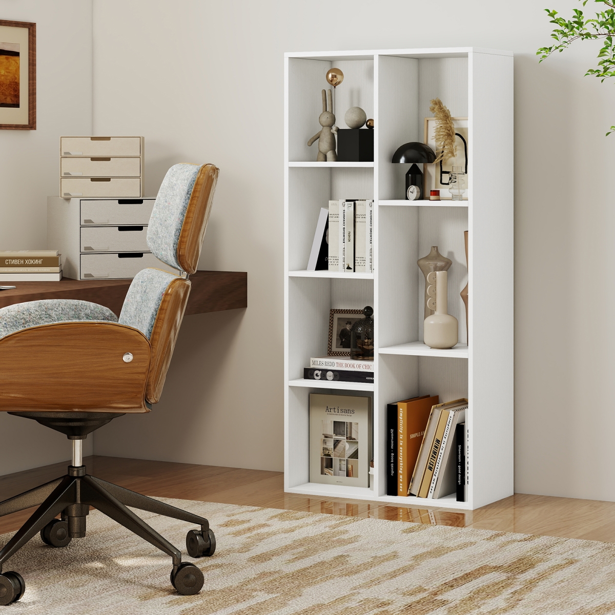 CB11015WH Vertical or Horizontal Freestanding Bookshelf with 7 Compartments - White