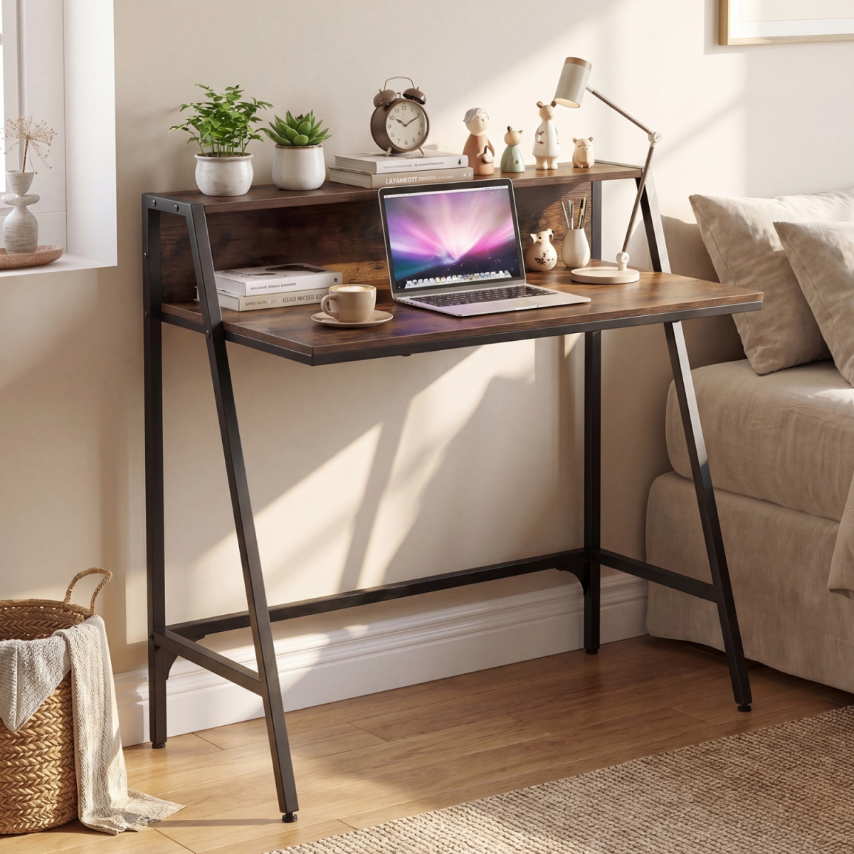 CB11235CF 31.5 in. Industrial Desk with Raised Shelf Metal Frame - Rustic Brown