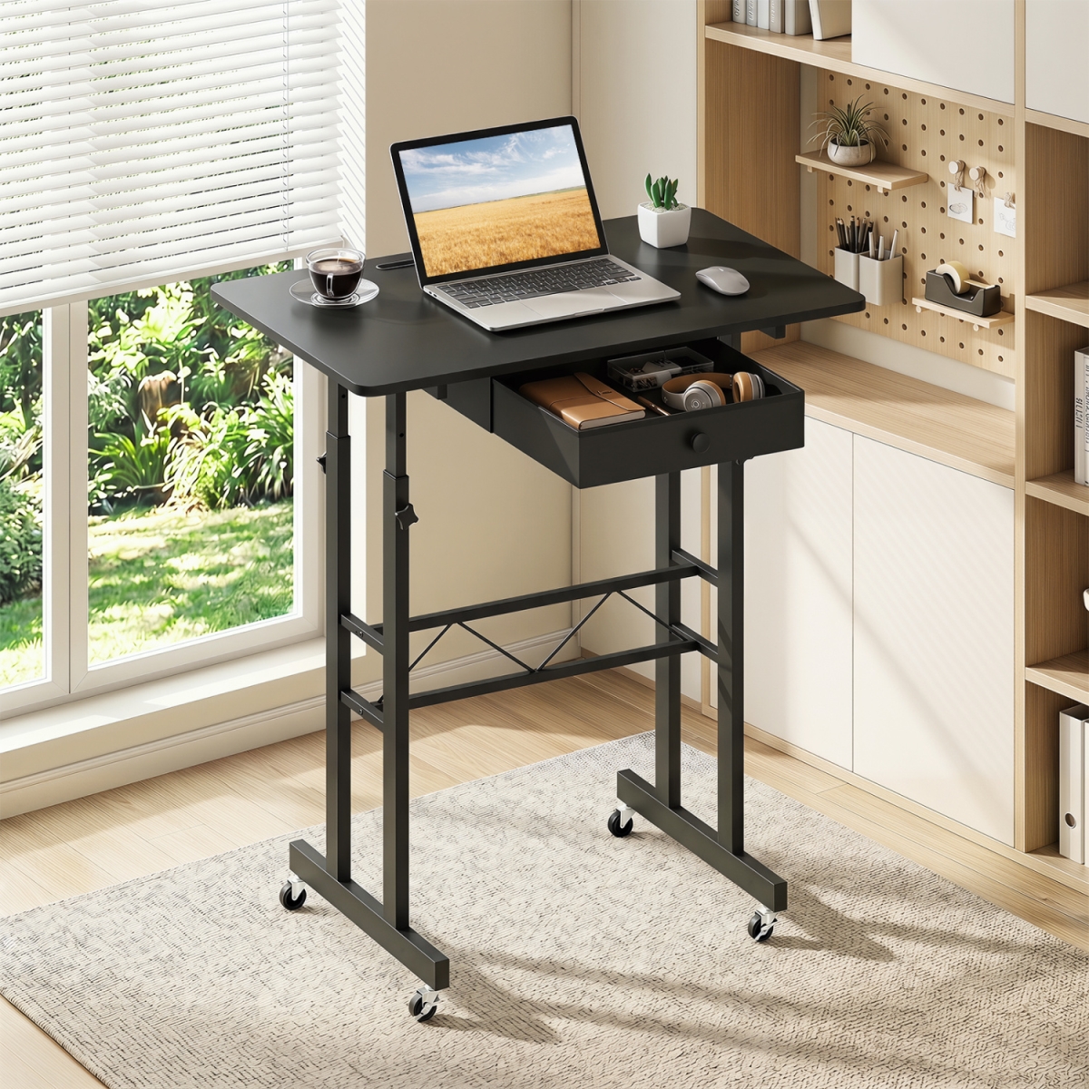 CB11284DK Height Adjustable Laptop Desk with Fabric Drawer Tablet Holder & Lockable Wheels - Black