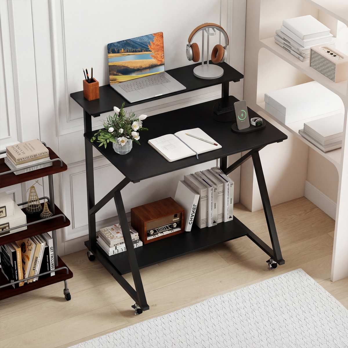 CB11085US-DK 32 in. Rolling Computer Desk for Small Spaces with Power Outlets - Black