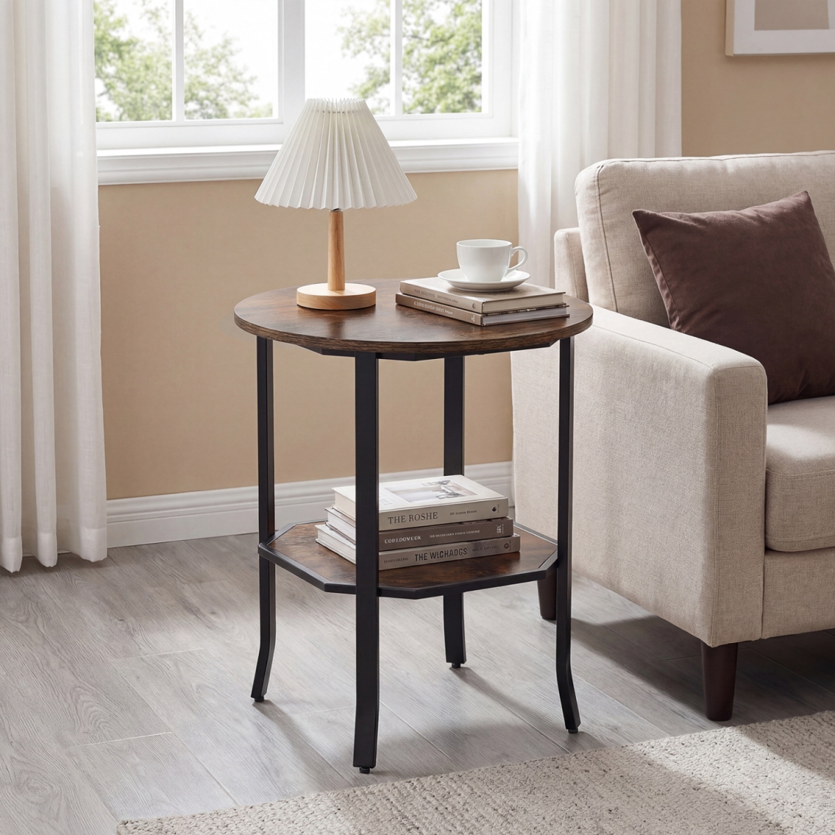 HV10862CF Round Side Table Small End Table with Storage Shelf 2-Tier Nightstand for Small Space - Rustic Brown