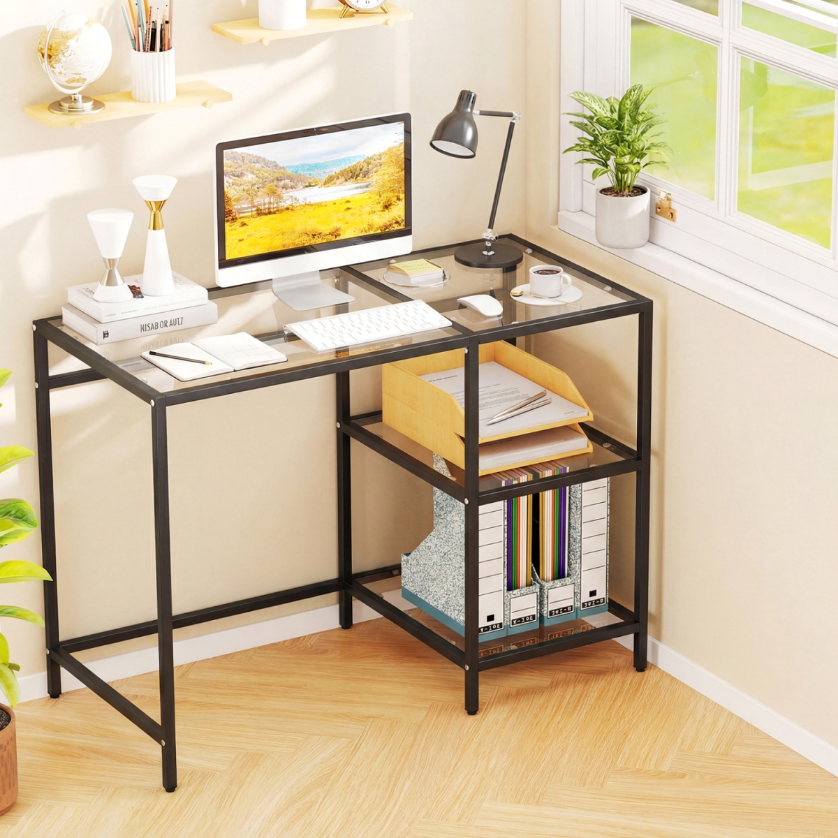 HV10874DK Modern Console Table with 2 Open Shelves & Metal Frame - Black