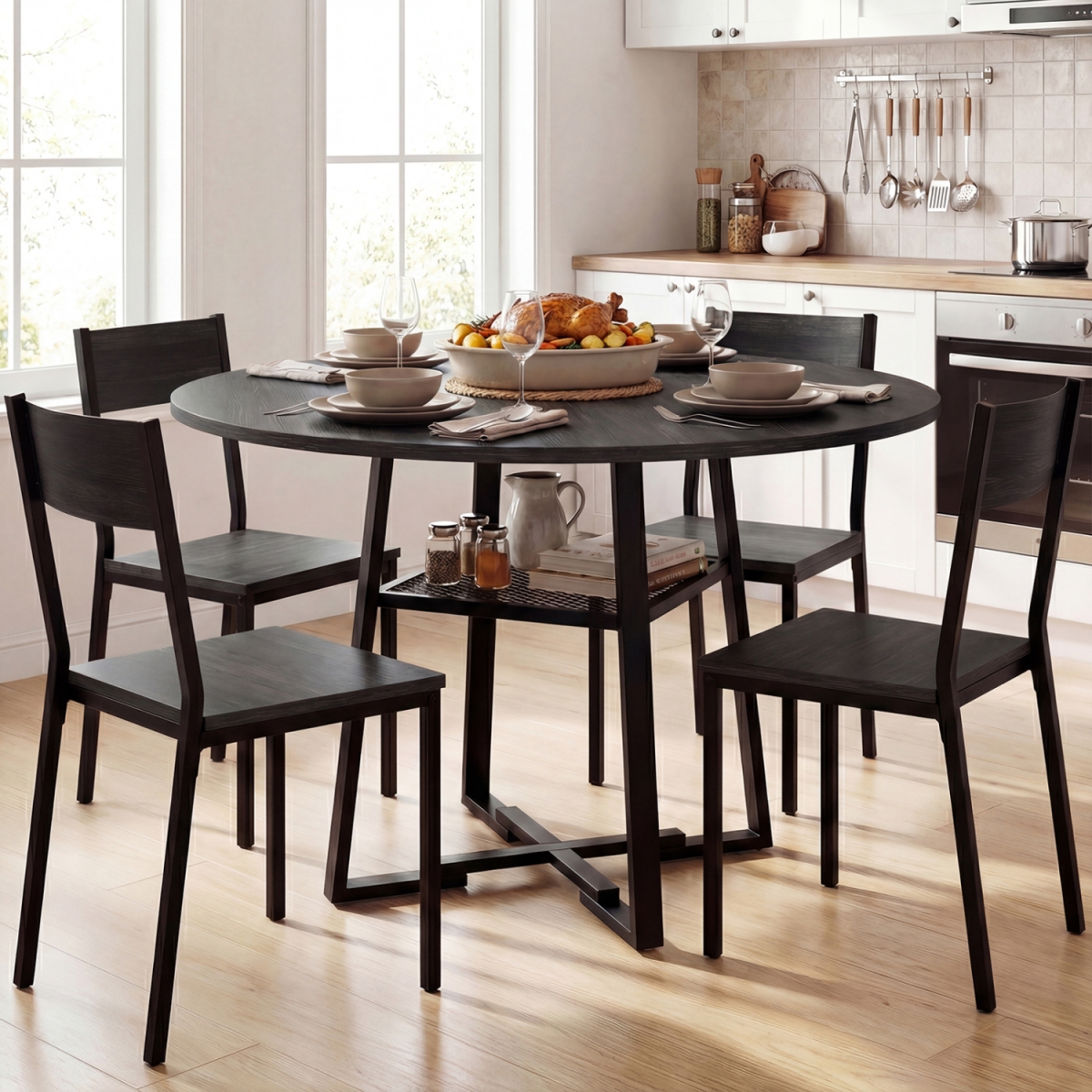 HV10921DK Round Dining Table for 4-6 with Storage Shelf & Metal Legs - Black