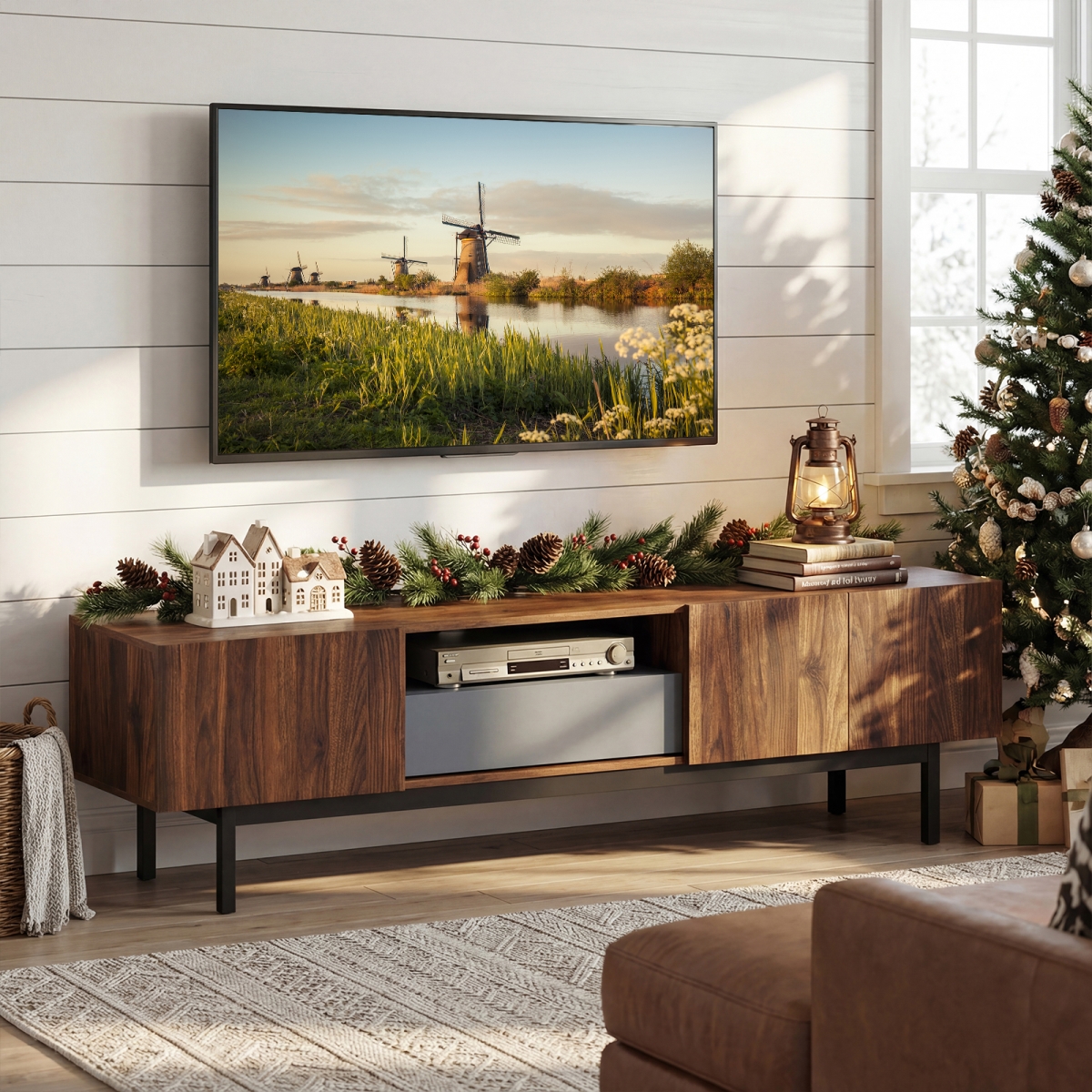 HV10931WN Modern Mid Century TV Cabinet for TVs Up to 82 in. with Drawer - Walnut