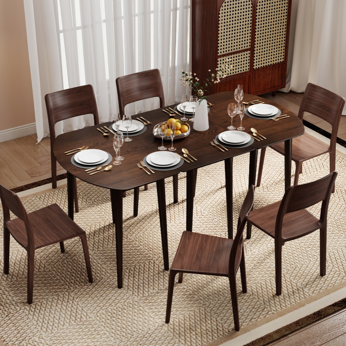 HV10956WN- Extendable Dining Table Set with 2 Half-Round & 1 Rectangular Tables - Walnut