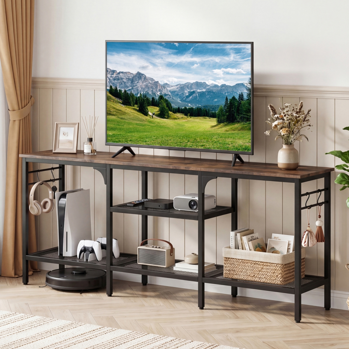HV10979CF TV Stand for TVs Up to 65 in. with 3-Tier Open Shelves & 4 Hooks - Rustic Brown & Black