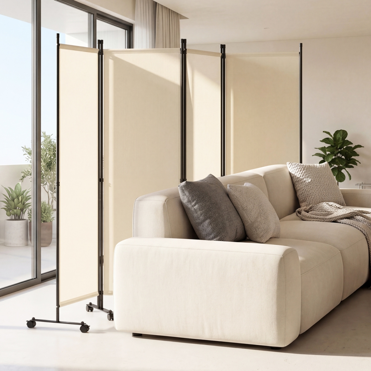 HV10994BE 4-Panel Room Divider with Lockable Wheels for Living Room - Beige