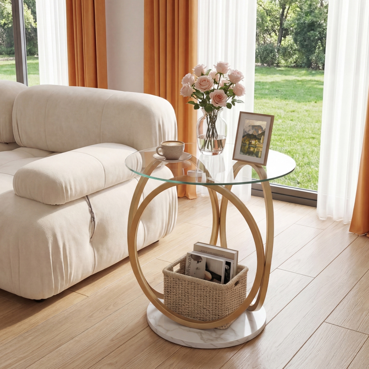 HV11009GD Round End Table Faux Marble Side Table with Tempered Glass Tabletop - Gold