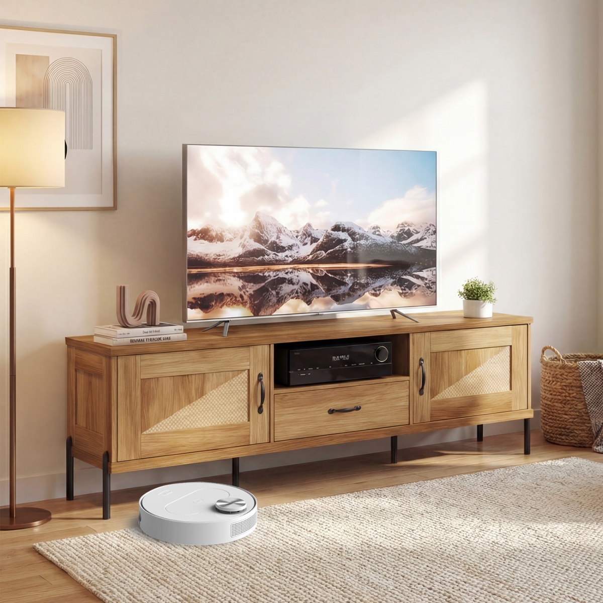 HV11033NA Rattan TV Stand for TVs Up to 80 in. Mid Century Modern Media Console Table with 2 Storage Cabinets - Natural