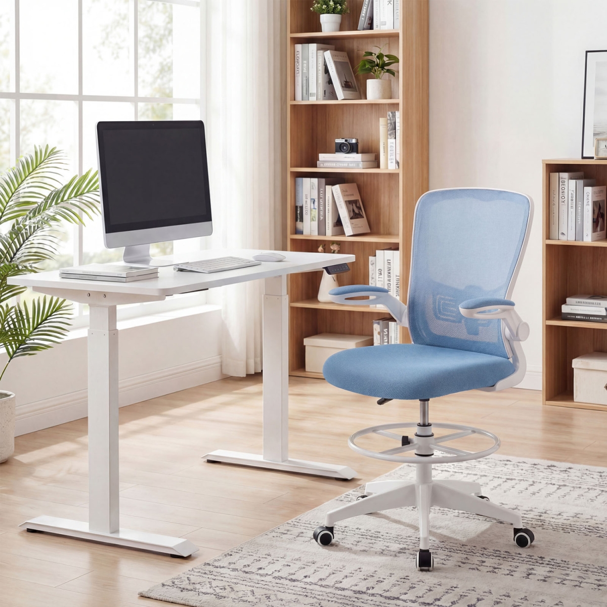 HW65397BL Height Adjustable Drafting Chair with Flip Up Arms for Home Office - Blue