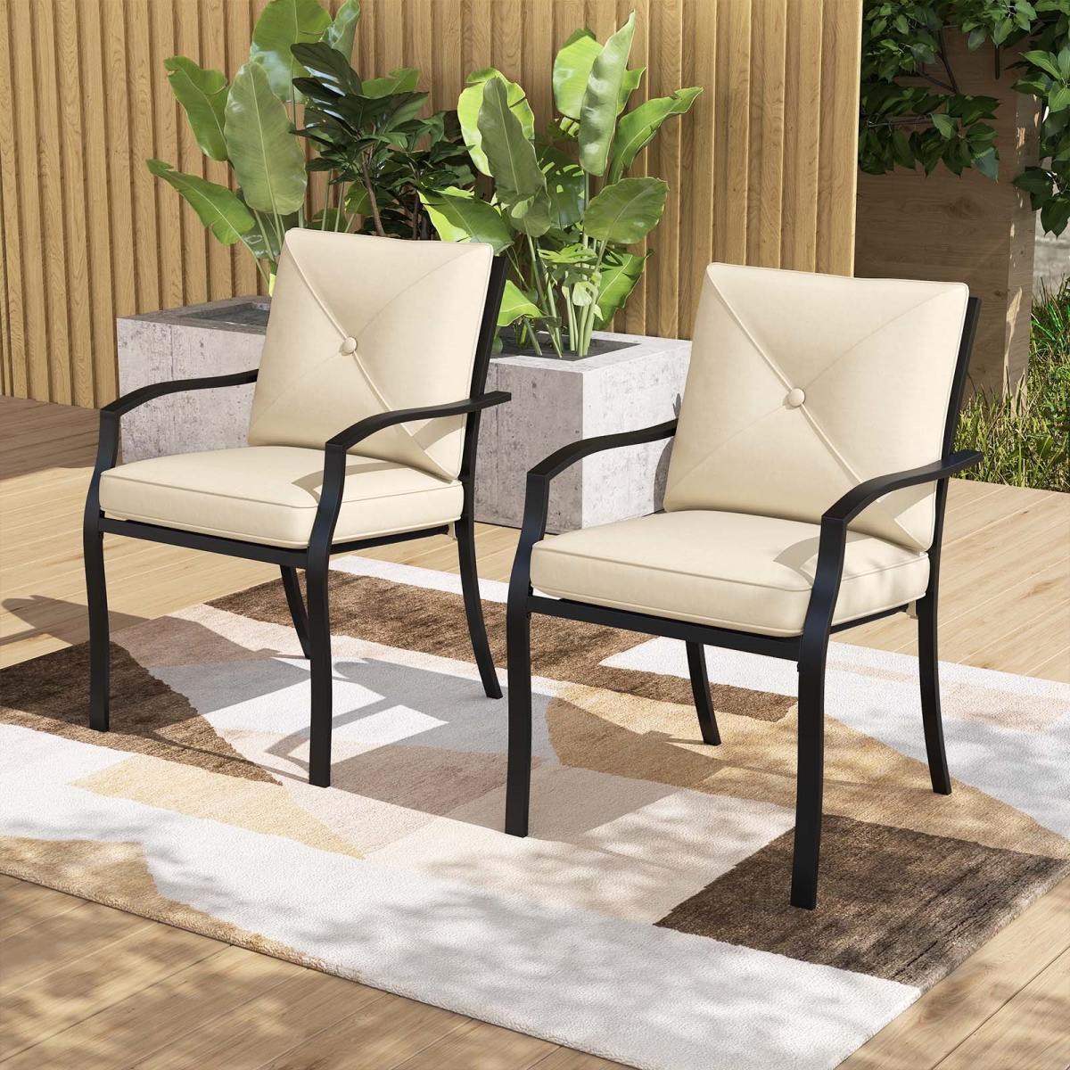NP12397MS-2 Metal Outdoor Dining Chair Stackable Patio Chairs with Armrests - Beige - Set of 2