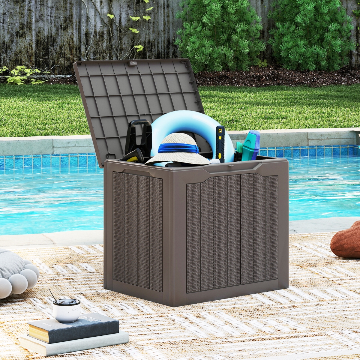 NP12485CF Outdoor Storage Box 25 gal Deck Box with Lockable Lid & Wicker-Woven Texture - Brown