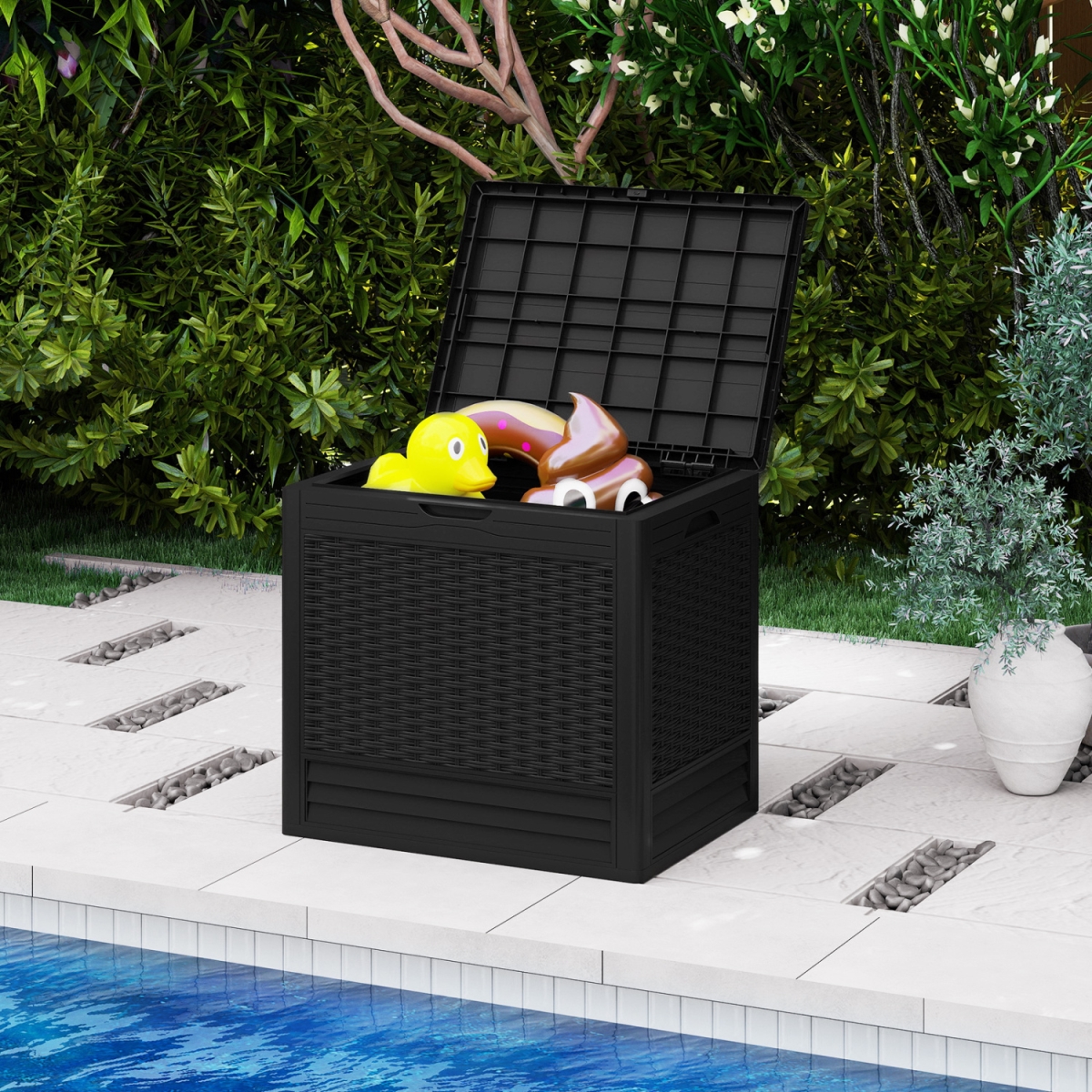 NP12725DK 25 gal Outdoor Storage Box with Rattan Patterns - Black