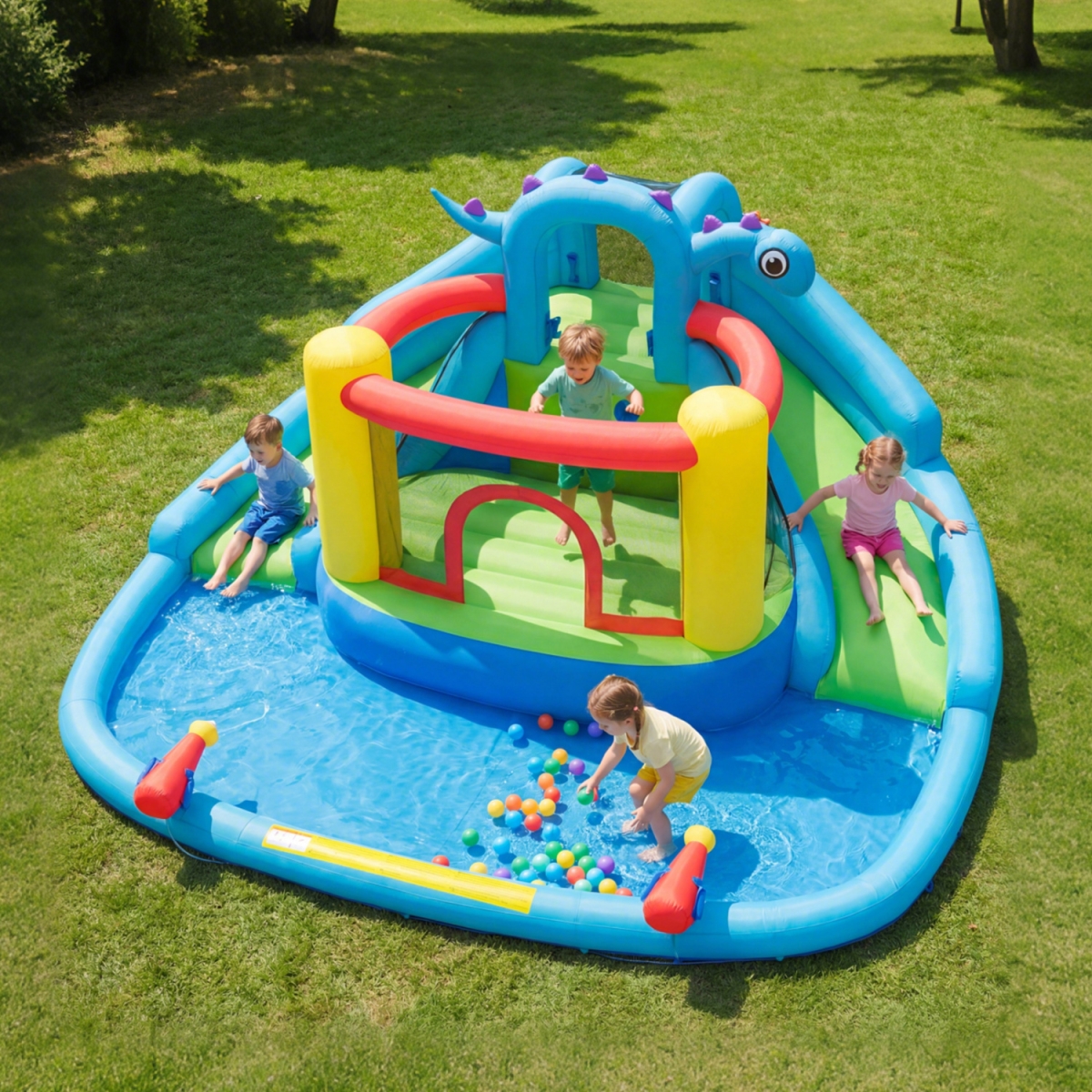 NP12895-ES10343US Dinosaur-Themed Inflatable Water Slide Park with 950W Air Blower