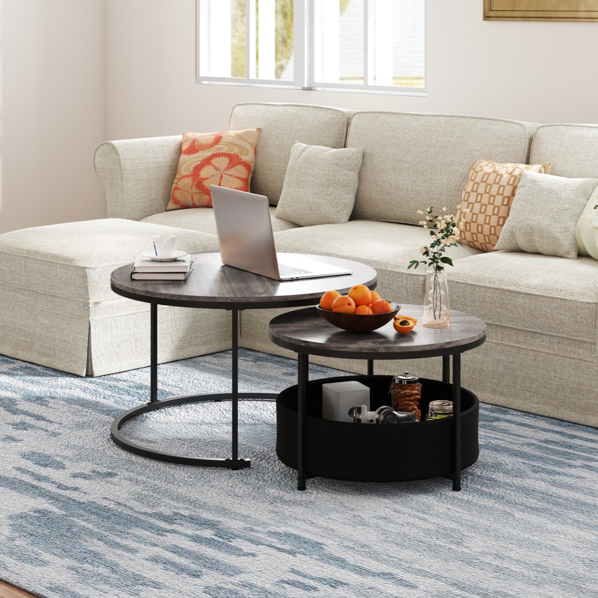 JV11986GR Round Coffee Table 31.5 & 24 in. Circle Cocktail Table with Fabric Storage Basket - Gray - Set of 2