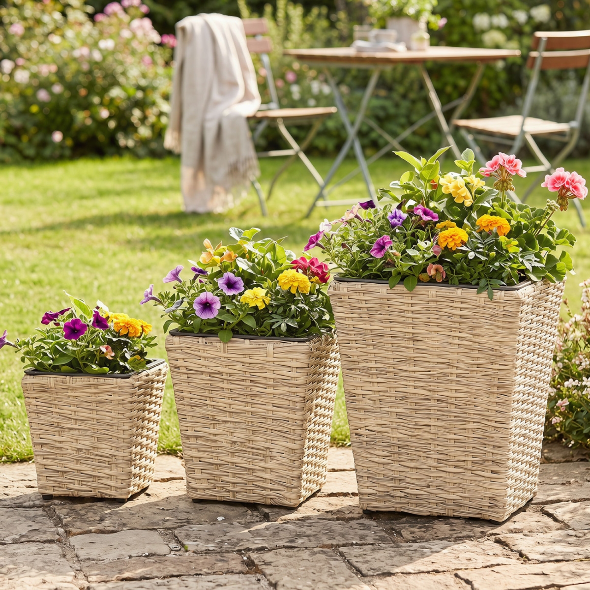HZ10647BE Rattan Planter Box Kit with Removable Plastic Liners - Natural - 3 Piece