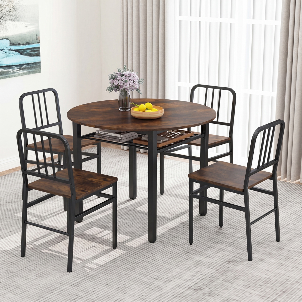 JV12325CF- Round Dining Table Set with Storage Shelf for Dining Room - Rustic Brown - 5 Piece