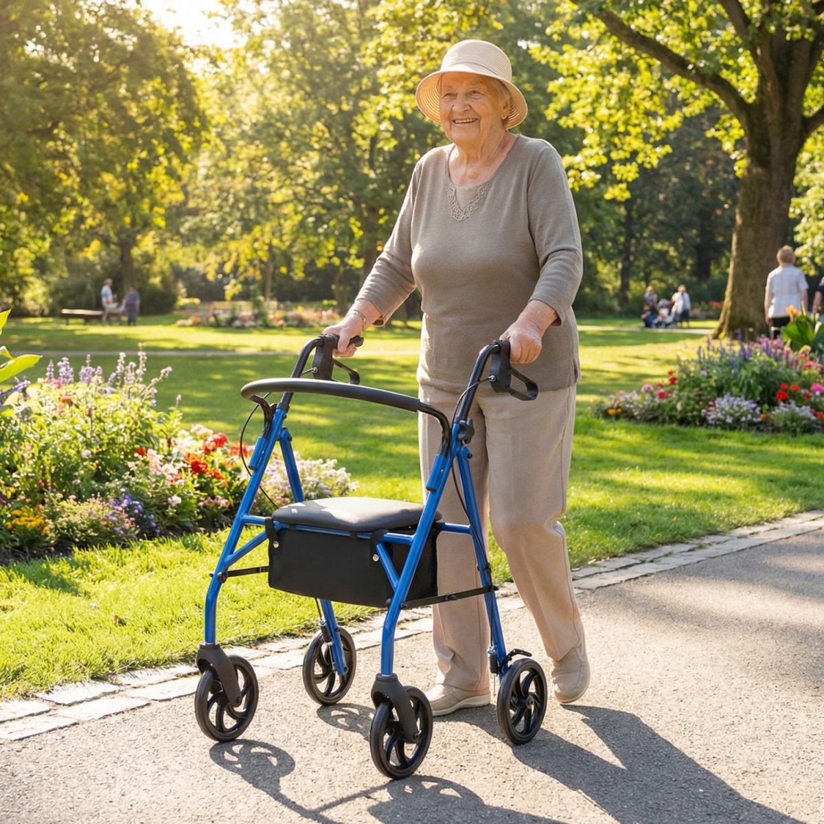 JH10062BL Rollator Walker with Seat & Height Adjustable Handles - Blue