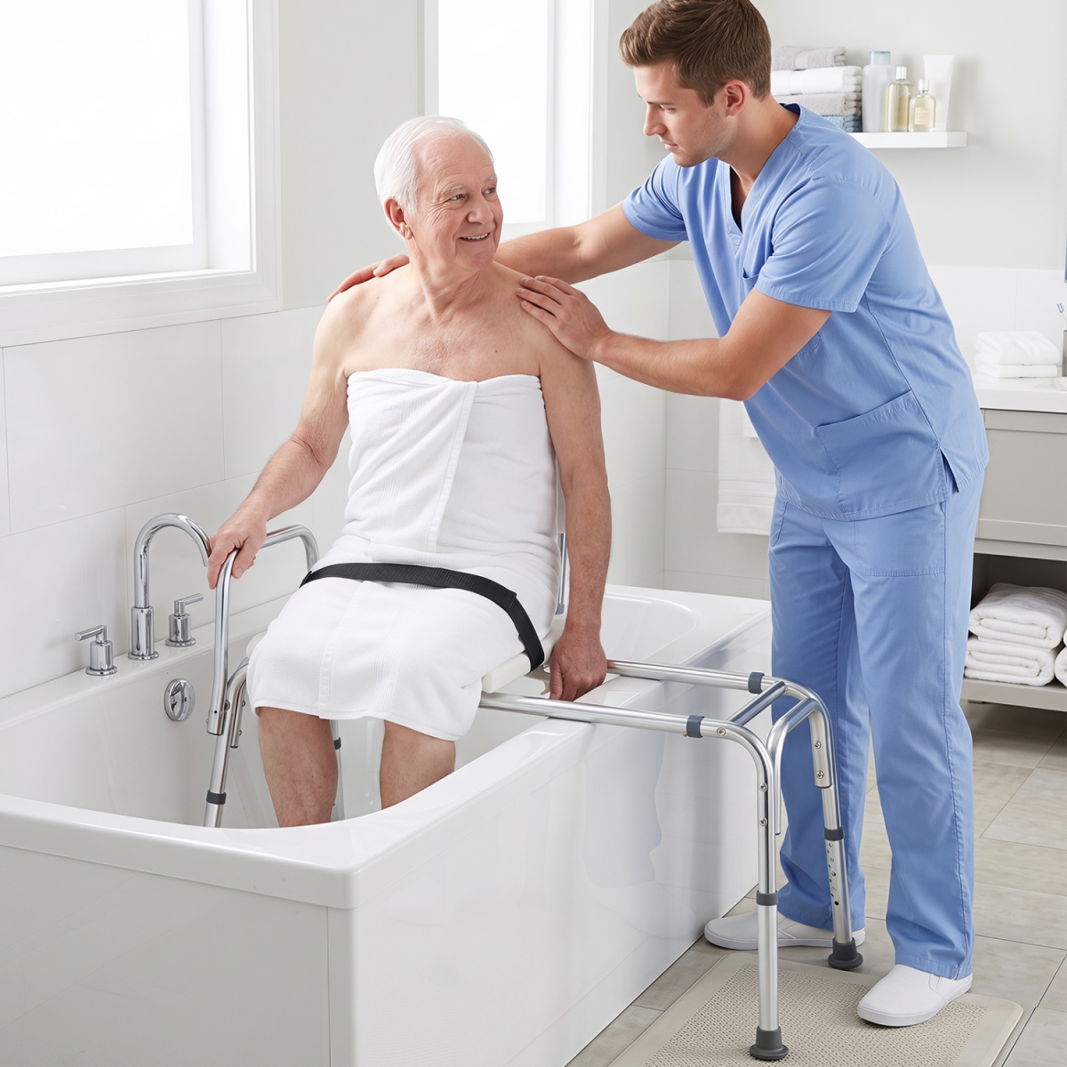JH10078WH Sliding Tub Transfer Bench Shower Chair for Disabled & Elderly - White