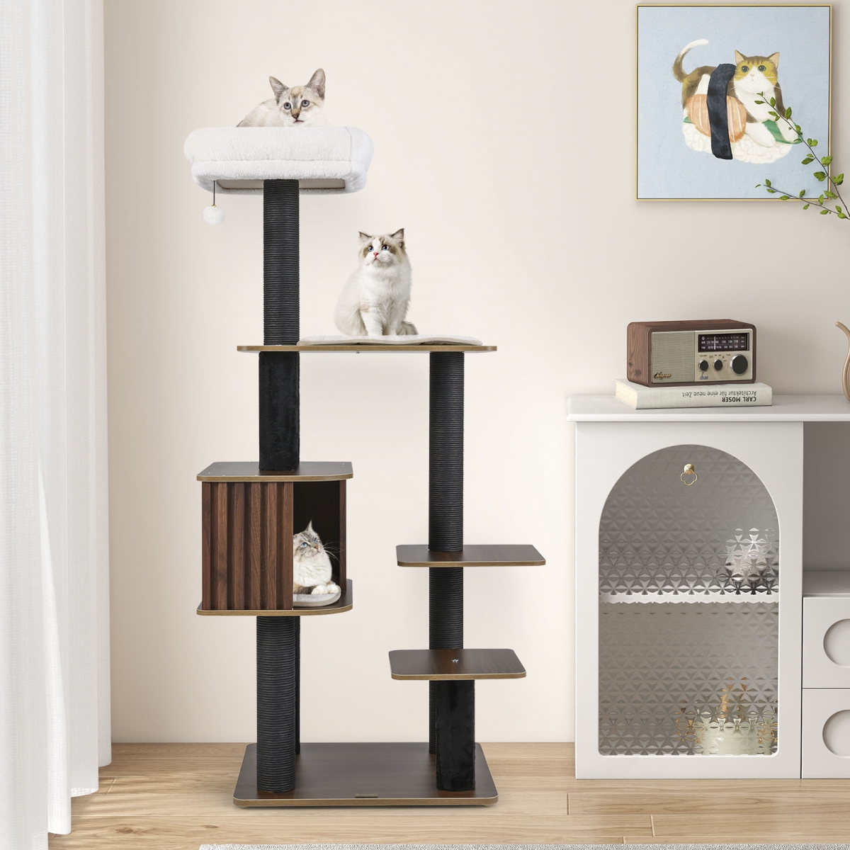 PV10361CF Multi-Level Cat Tree for Indoor Cat 59.5 in. Tall Cat Tower with Cushion Top Perch - Brown