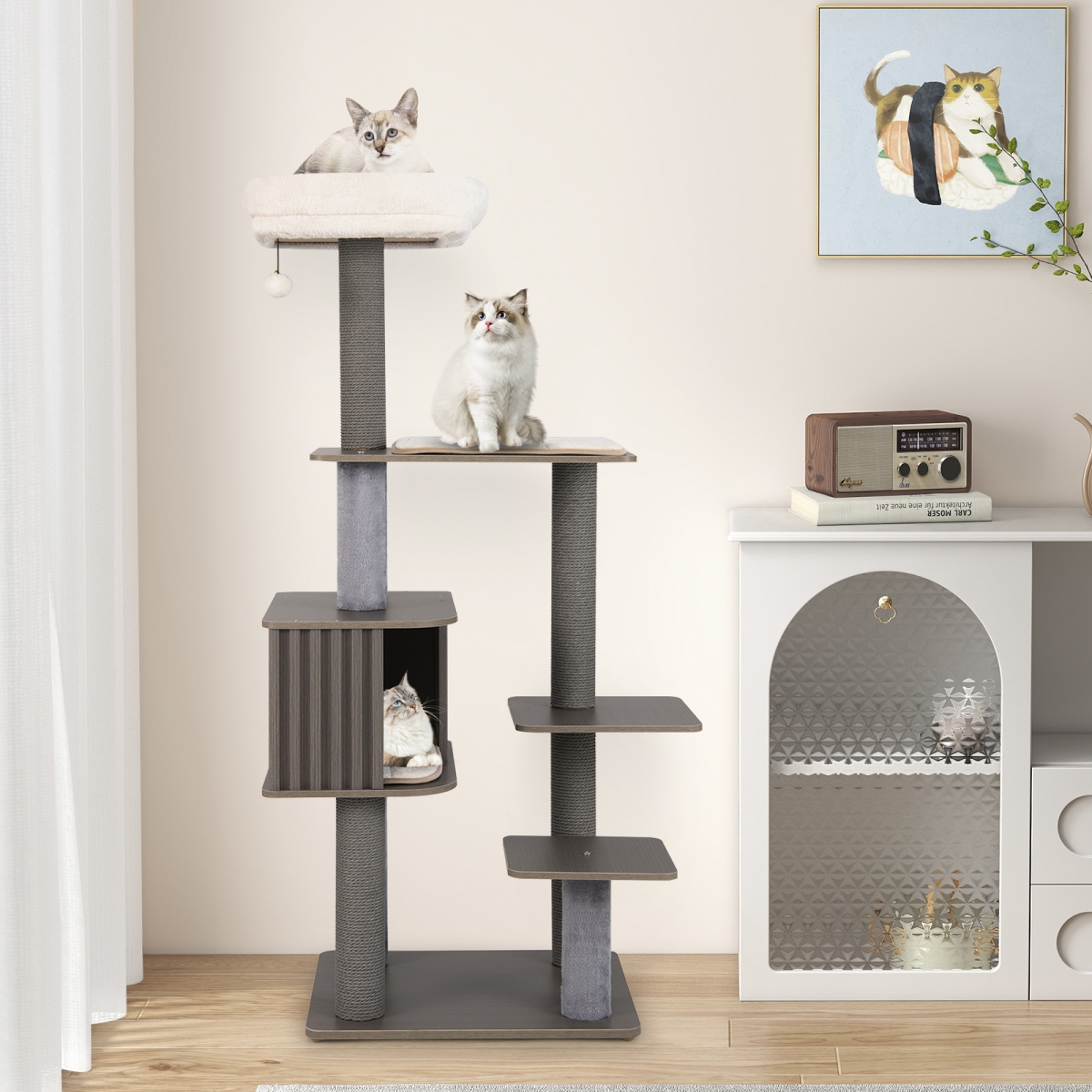 PV10361GR Multi-Level Cat Tree for Indoor Cat 59.5 in. Tall Cat Tower with Cushion Top Perch - Gray