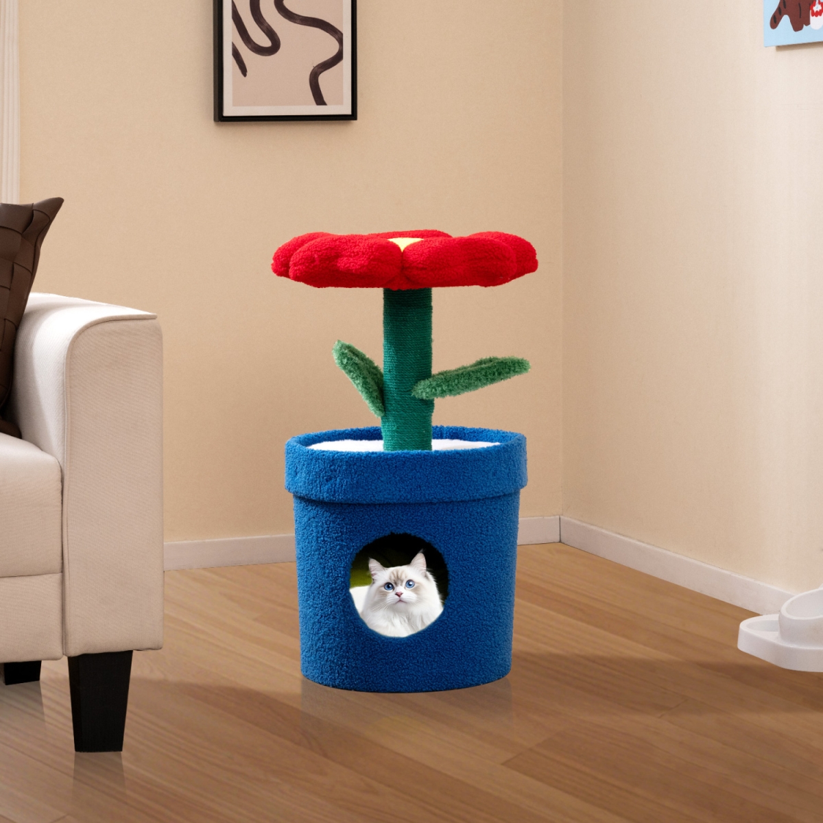 PV10380RE Cute Cat Tree with Flower Padded Perch for Indoor Cats - Red