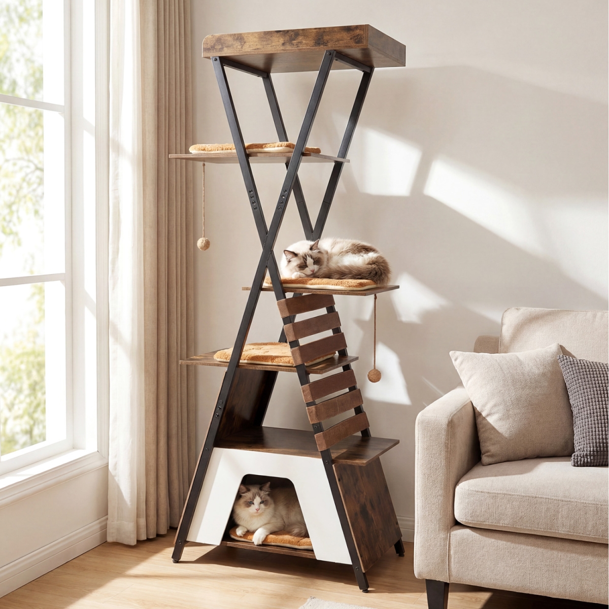 PV10444CF 73 in. Multi-Level Cat Tree for Indoor Cats with Elevated Perch & Large Condo - Rustic Brown