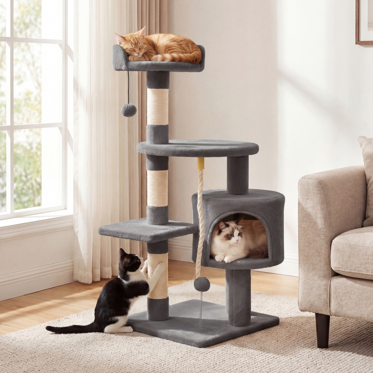 PV10503GR 36 in. Tall Kitten Tower with Condo & Plush Perch - Light Gray