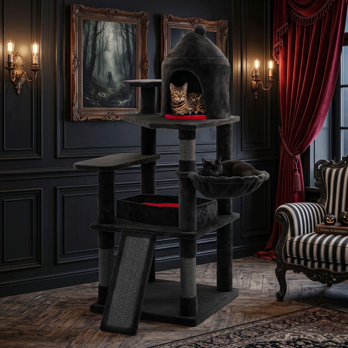 PV10527 50 in. Gothic Multi-Level Cat Tree with House for Indoor Cats