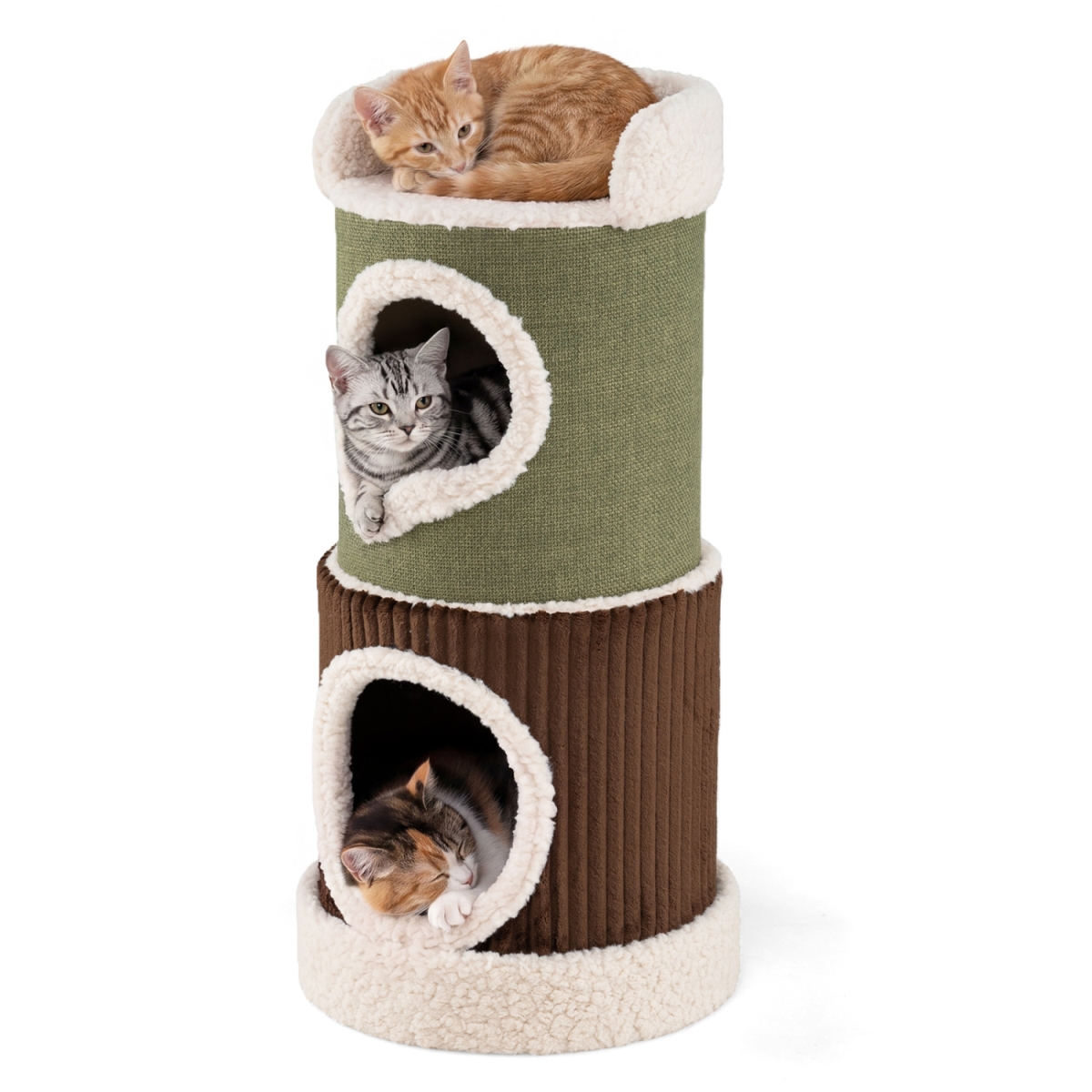 PV10562GN Barrel Cat House with Top Perch & Double Condos & Stable Base Modern - Green